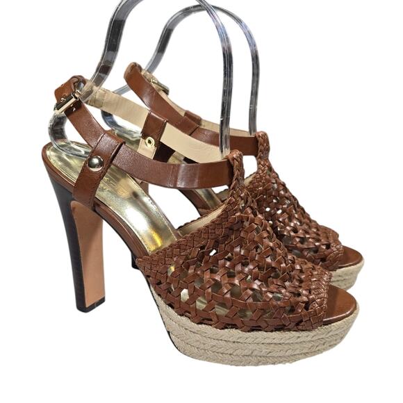 Coach Zany Brown Leather Stacked Platform Espadrille Heels sz 7 - Picture 1 of 14